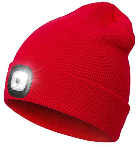 Wmcaps Mütze mit Led Licht, Wiederaufladbare USB Freisprech Stirnlampe Strickmütze Wintermütze Warme Mütze Kappe Scheinwerferkappe zum Camping Joggen Geschenke für Männer Frauen, Rot