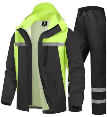 SaphiRose Men's Rain Suit High Visibility Reflective Work Rain Jacket Pants for All Sport Farm Fishing Motorcycle (Black/Green,X-Large)