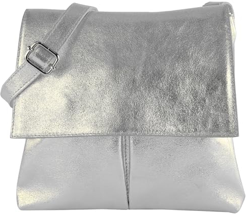modamoda de T63LEDER Damen Leder Umhängetasche Schultertasche handmade in Italy, Farbe:Silber-Metallic