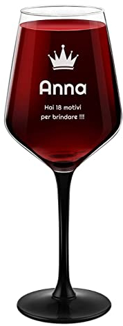 Maverton Calice da vino Rubino 300 ml - con gambo nero - incisione personalizzata - ideale per vino secco e dolce - pensiero speciale per anniversario - unico per donna - 18°