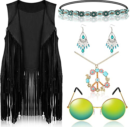 6 Stück 60er 70er Jahre Outfits für Frauen Hippie-Kostüm-Zubehör Fransenweste Sonnenbrille Halsketten Ohrring Stirnband, Schwarz, XL