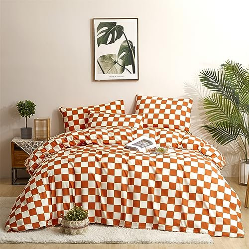 CLOTHKNOW Bettwäsche-Set für Queen-Size-Betten, 3-teilig, Terrakotta-Bettwäsche-Set, kariert, Queen-Size-Bett, weich, gebranntes Orange, Queen-Size-Bettdecken-Sets