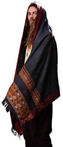 AJJAYA Samadhi Meditations-Gebetstuch, Decke, gemütlich, dunkelgrau, Kaschmir, Yak-Wolle, tibetische Lahsa, Winter, Tribal, keltische Stickerei, Boho-Zen, grau, Einheitsgröße