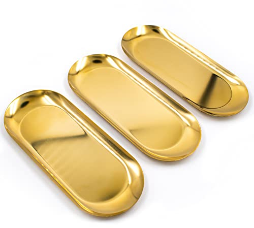3 Pezzi Vassoio dorato portaoggetti in acciaio inox Gioielli Pallet Decorativo Articoli per Bar Cucina Bagno Oro 22x9x1 cm