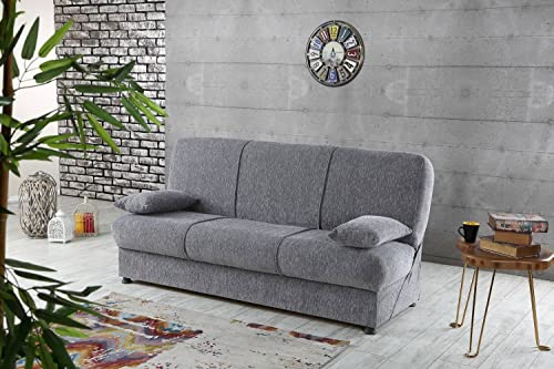 Dmora - 3-Sitzer Schlafsofa Alvaro, Sofa mit Stauraum und 2 Kissen inklusive, gepolstertes Stoffsofa mit klick-Klack-Öffnung, 180 x 81 x 90 cm, Grau