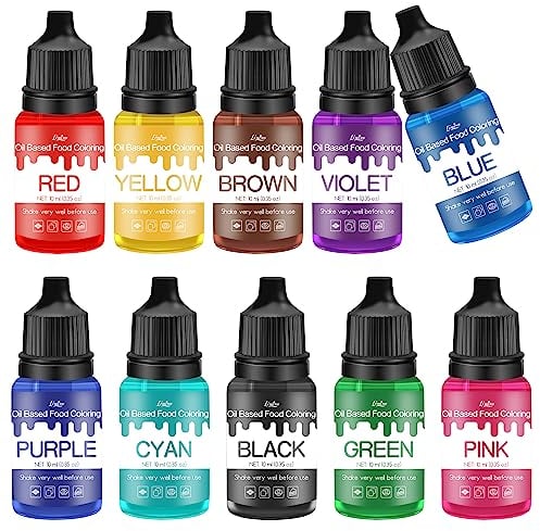 Oil Based Food Colouring for Chocolate - 10 Colours Vivid Food Colouring Set for Candy Melts, Baking, Cake Decorating, Fondant - Fat Soluble Food Colour Dye for Icing, Cookie, Crafts - 10ml Bottles