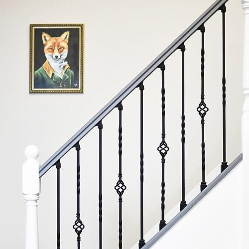Set of 2 Matte Black Enfield Steel Stair Spindles - Pattern 5 - with Fixed and Adjustable Rake Brackets
