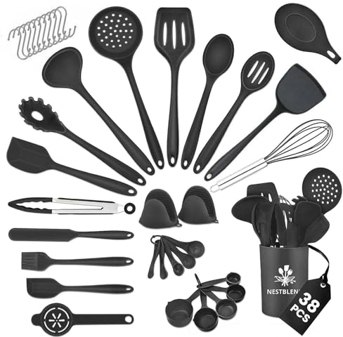 Nestblend Nonstick Kitchen Utensils Set - Silicone Kitchen Cookware Gadgets with Holder - Spoon Holder - Heat Resistant - Dishwasher Safe - BPA Free - 38 Pieces (Black)