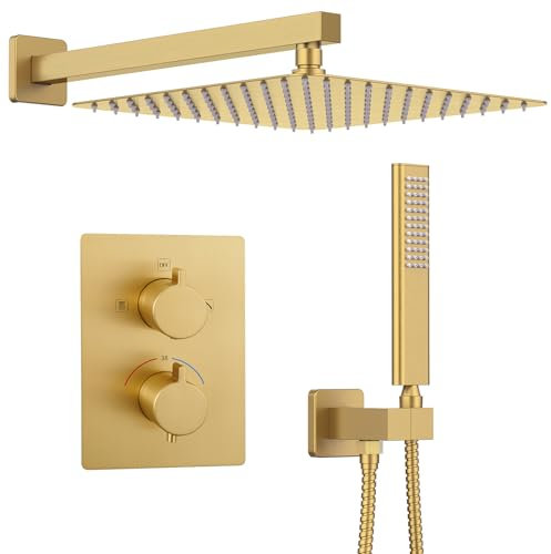 Iriber Sistema doccia termostatico da parete con soffione a pioggia da 30,5 cm e set doccia portatile color bronzo champagne, include kit di finiture per rubinetto doccia (valvola inclusa), oro