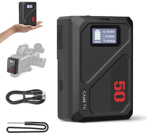 Came-TV MINI50C V-Mount-Akku 3450 mAh 50 Wh 14.4 V, V-Lock Akku Unterstützt 45 W PD USB-C Schnellladung 1 Stunde mit D Tap/USB A/12 V DC/8.4 V DC/BP/OLED Display für Kamera, Camcorder, Monitor,Drohnen