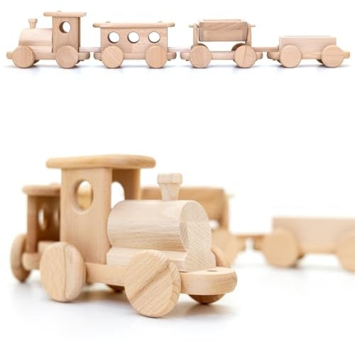 Holzfee Holzzug Dampflok Holz Eisenbahn Zug 85cm Lokomtive mit 3 Waggons Hänger