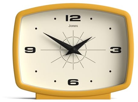 JONES CLOCKS® Film Schreibtischuhr | Rechteckiges retrodesign | Senfgelb | Midcentury Stil mit modernem Finish ideal für Regal, Tisch, kaminsims oder nachttisch