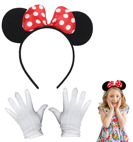 LYNBLY Maus Ohren Haarreif, Mouse Ohren mit Handschuhen, Mouse Ears in schwarz mit roter Schleife und weißen Punkten, Maus Ohren Kostüm, Maus Cosplay für Damen an Fasching & Karneval