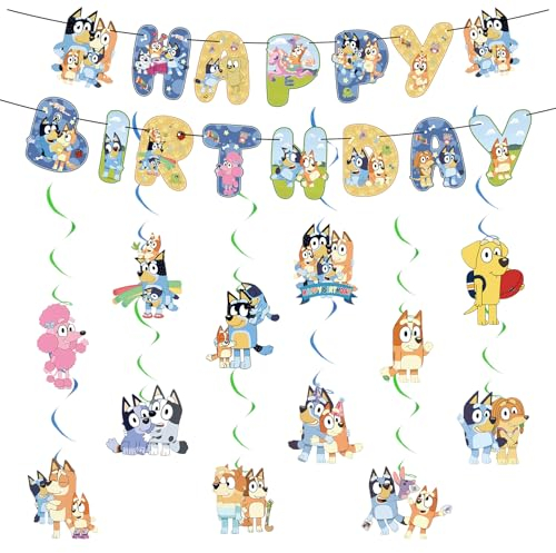 Decoración de cumpleaños, kit de pancartas de feliz cumpleaños, guirnalda de feliz cumpleaños (Happy Birthday), tema Bluey, multicolor
