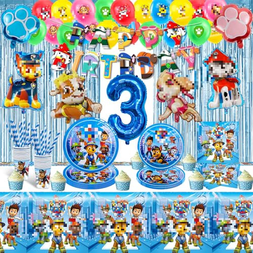 WD2. 90PCs Dog Supplies Set with Party Balloons, Tableware, Reusable Birthday Party Paper Plates, Cups, Napkins, Tablecloth Sets for 20 Guests