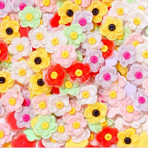 X Hot Popcorn 50 Stück flache Rückseite Harz Sonnenblumen-Anhänger Blume Perlen Mini Harz Blume Charms Cabochons gemischte Farben Gänseblümchen Harz Schleim Charms für DIY Handwerk Scrapbooking Dekor
