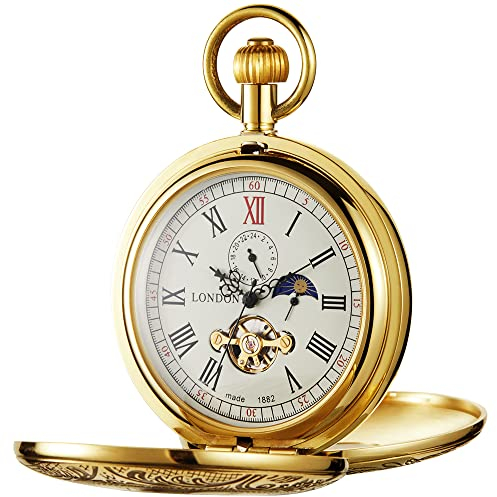 Alwesam Kupfer-Taschenuhr, Eisenbahngehäuse, mechanische Herren-Taschenuhr, römische Ziffern, Handaufzug, Taschenuhr mit Kette und Box, Gold-2040, Jeden Tag