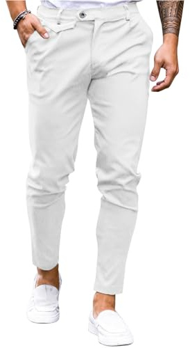 Feziakuk Pantalon chino pour homme, en coton, coupe slim, en tissu, décontracté, élastique, pour homme, Blanc, L
