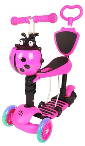 Habib Gruppe 5-in-1 Kinderroller mit Rückenlehne für Jungen und Mädchen - Abnehmbarer Sitz, LED-Räder, Höheverstellbarer Lenker, Tretroller - Kinder Roller Outdoor Spiel, für 2-8 Jahre Kinder - Rosa