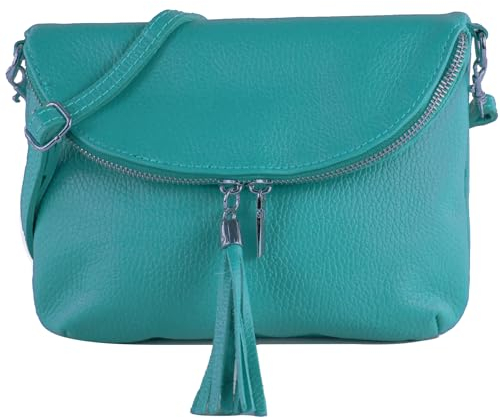 modamoda de T07L / T139L Damen Leder kleine Umhängetasche 2 Modelle handmade in Italy, Farbe:Türkisblau