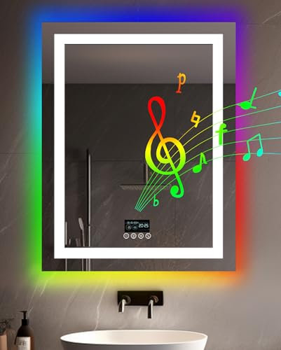 LUVODI Badspiegel mit Beleuchtung Bluetooth: 90x70 cm Farbwechsel RGB Bad Spiegel mit Hintergrundbeleuchtung Frontbeleuchtung, Uhr, Wetterstation, 4 Touchschalter, Beschlagfrei Wandspiegel