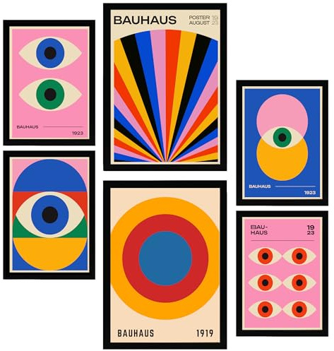 Nacnic-Set mit 6 Dekorative Malerei Geometrische Bauhaus-Formen und -Augen Gerahmtes Poster mit Design-Illustrationen zur Dekoration der Wände A3 & A4 Schwarzer Rahmen
