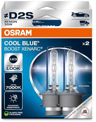Osram XENARC® Cool Blue Boost, D2S, Xenon Headlight Lamps, 7000K, Hanging folding box (2 lamps), offroad use only, Weiss/opulenter Garten