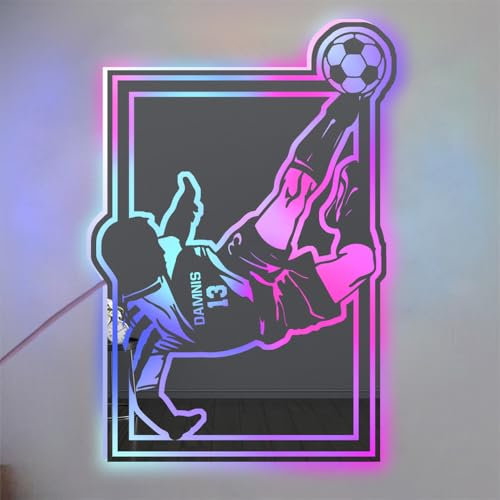 Personalized Soccer LED Mirror Light Up Sign, Custom Name Football Wall Art, Neon Light Football Sports Décor for Bedroom, Christmas Birthday Kids Gift