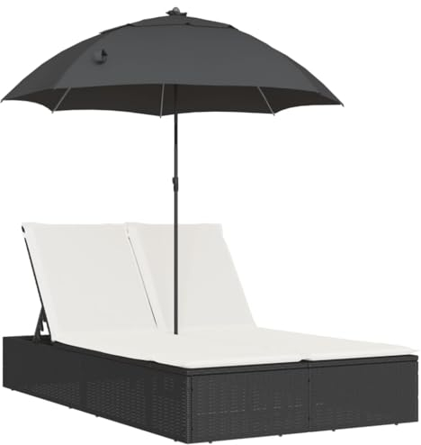 vidaXL Sonnenliege, Doppelliege mit Kissen Sonnenschirm, Gartenliege Verstellbare Rückenlehne, Relaxliege Liege Gartenmöbel, Schwarz Poly Rattan