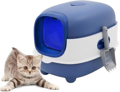 Forroby Foldable Cat Litter Tray With Automatic Deodorization,Enclosed Cat Litter Box Extra Large With Scoop and Leakage Board,Portable Covered Toilet for Pets With Hood Indoor(Blue)