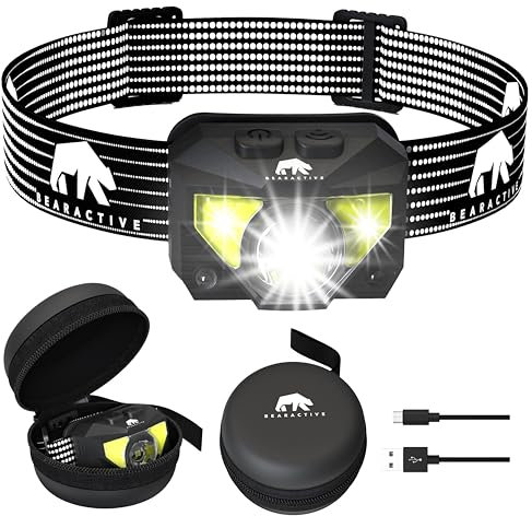 Bearactive Head Torch Rechargeable, 12+ Hour Battery Life Headlight, 1200 Lumen Super Bright LED Headtorch, 8 Modes Waterproof Motion Sensor Head Lamp for Adults & Kids (1 x Headtorch, Black)