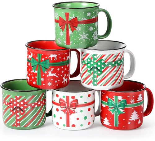 Pickmesh Juego de 6 tazas de café de Navidad de 14 onzas con asa, caja de regalo de Navidad roja y verde, tazas de Navidad esmaltadas para suministros de invierno y fiestas