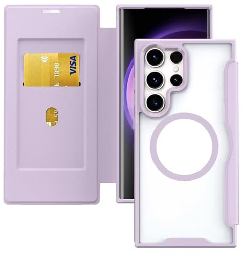 HAONANDE Magnetica Cover Per Samsung Galaxy S23 ULTRA, Custodia Pelle PU Flip Compatibile con MagSafe, slot per carte, blocco RFID, Pportafoglio Protettiva Antiurto Trasparente Case Viola