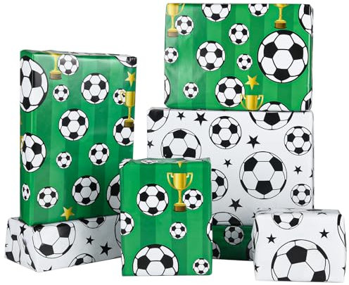 PLULON 12 Blatt Fußball-Geschenkpapier für Jungen, Geburtstagsgeschenkpapier, 70 x 50 cm, recycelbares Geschenkpapier für Jungen und Männer, Geburtstagsgeschenke, Party