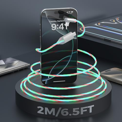 USB C Charger Cable 2M Type C Cable Fast Charging Light Up Lead Braided USB A to USB-C Phone Charger Cable USBC for iPhone 16 15 Samsung Galaxy S23 S22 S21 S20 Note 10 9 8 Huawei iPad Switch PS5 etc