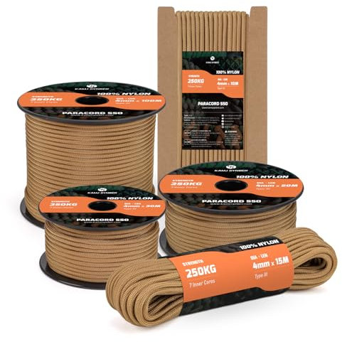 Kamu Synber 550 Paracord 4mm 15m Typ III Schnur 7 Stränge Nylon Seil Fallschirmschnur für Basteln, Outdoor, Camping, Survival | Tragkraft 250kg | Coyote-Braun