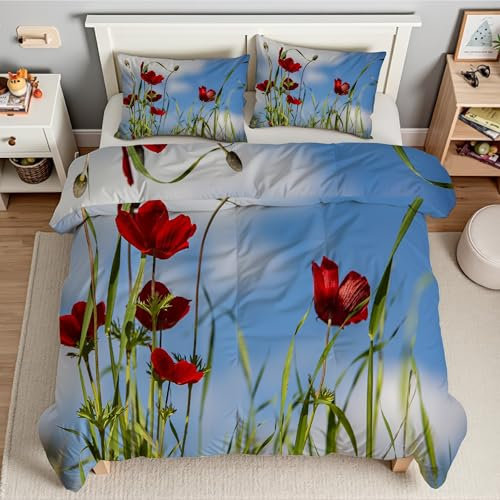 KaiHeBeding Mohn BettwäSche 135x200 Blumen und Gras BettwäSche-Sets Weich BüGelfrei Bettbezug und Kissenbezug 80x80 BettwäSche Set mit ReißVerschluss füR Einzelbett