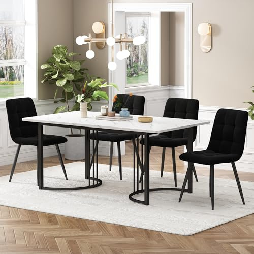 DRIXNO Essgruppe (5-TLG),mit 4 Stühlen Set, 140×80cm Küchentisch mit Schwarz Metallbeinen, MDF Tischplatte in Weißer,Schwarz Samt Esszimmerstühle