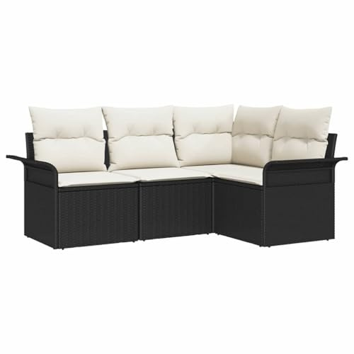 vidaXL 4-teiliges Gartensofa-Set mit Kissen in Schwarz aus Poly Rattan - Modular Sitzmöbel für den Außenbereich, wetterfest, perfekt für Terrasse und Garten.