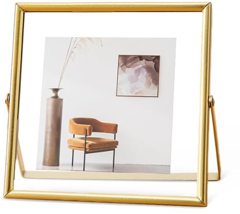 TESSTSY Glasbilderrahmen 15x15 cm, glas Bilderrahmen Gold, Glasrahmen für Gepresste Blumen, Metall Fotorahmen mit Glas, Bilderrahmen Beidseitig Durchsichtig, für Foto 10x10 cm, 9x13 cm, 5x8 cm