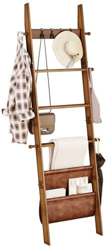 ELYKEN Blanket Ladder, 5-Tier Wooden Towel Rack, Farmhouse Blanket Rack | Decorative Leaning Ladder Shelf with Synthetic Leather Pocket, 4 Removable Hooks for Living Room, Bedroom, Walnut