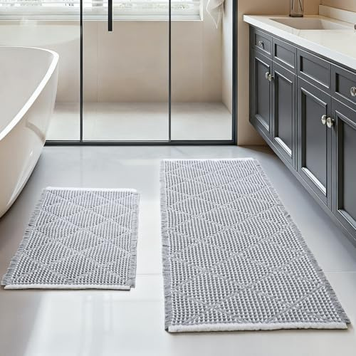 Großes Badezimmerteppich Set 2 Teilig, Badteppich Rutschfest Waschbar, Badematte Grau, Boho Bathroom Mat, Rhombische Badvorleger für Badezimmer Deko, Teppich Bad, Waschküche, 51 x 120 cm + 46 x 77 cm