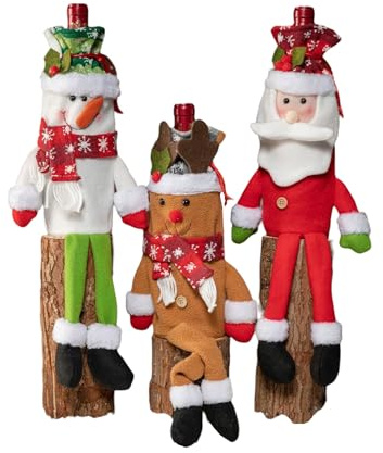 ALUNA Set of 3 Handmade Christmas Xmas Party Dinner Table Wine Bottle Topper Body Cover Wine Bag Gnomes Santa Claus, Snowman, Raindeer (SET C)