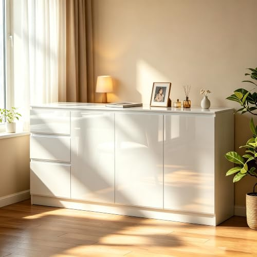 Wumagin Kommode 140 cm, Hochglanz Kommode mit Schubladen und Türen für Schlafzimmer, Wohnzimmer, Flur (Weiß)