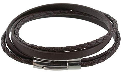 LES POULETTES BIJOUX - Bracelet Homme Cuir Deux Liens Plat et Tréssé Rond - Classics - Marron foncé