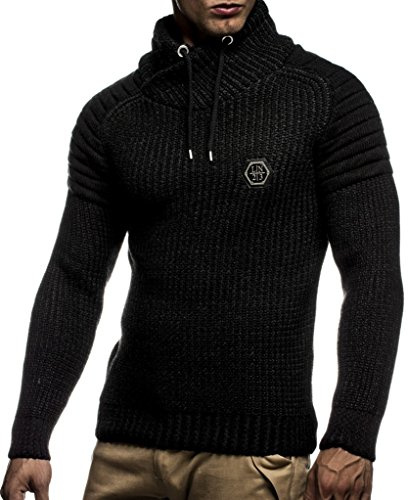 LEIF NELSON Herren Strick-Pullover |Strick-Pulli mit Schalkragen | Moderner Woll-Pullover Langarm-Sweatshirt, Schwarz-anthrazit, XL
