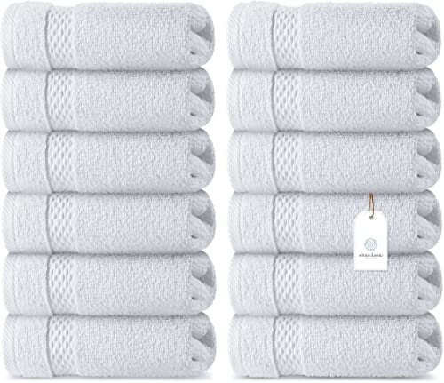 White Classic Lot de 12 Serviettes de Bain de Luxe en Coton de Style hôtel, Petites Serviettes de Bain épaisses et absorbantes en Peluche Douce, 33 x 33 cm, Blanc
