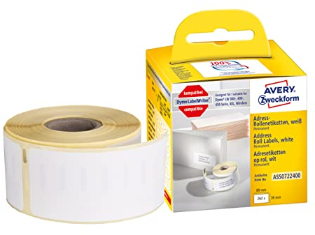 AVERY Zweckform ASS0722400 Dymo LabelWriter Adressetiketten kompatibel zu S0722400 (36x89mm, 1 Rolle|260 Adressaufkleber, selbstklebend, für LW Dymo Etikettendrucker/Beschriftungsgerät/Etikettenband)