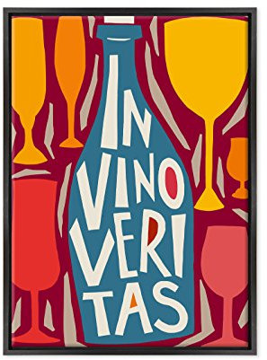 ConKrea Quadro su Tela Canvas INTELAIATO - con Cornice - in Vino Veritas - Enoteca Vino - Illustrazione Cubista - 50x70cm - Stile Moderno Nero - (cod.3037)