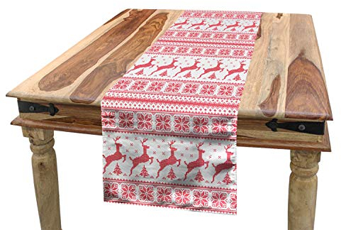 ABAKUHAUS nordisch Tischläufer, Winterzeit Rentiere, Esszimmer Küche Rechteckiger Dekorativer Tischläufer, 40 x 300 cm, Weiß Korallenrot